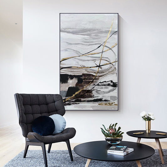 Abstract Gray Black Oil Painting With Gold Foils  Hand Painted On Canvas Modern Handmade Wall,27inx54in,No Frame
