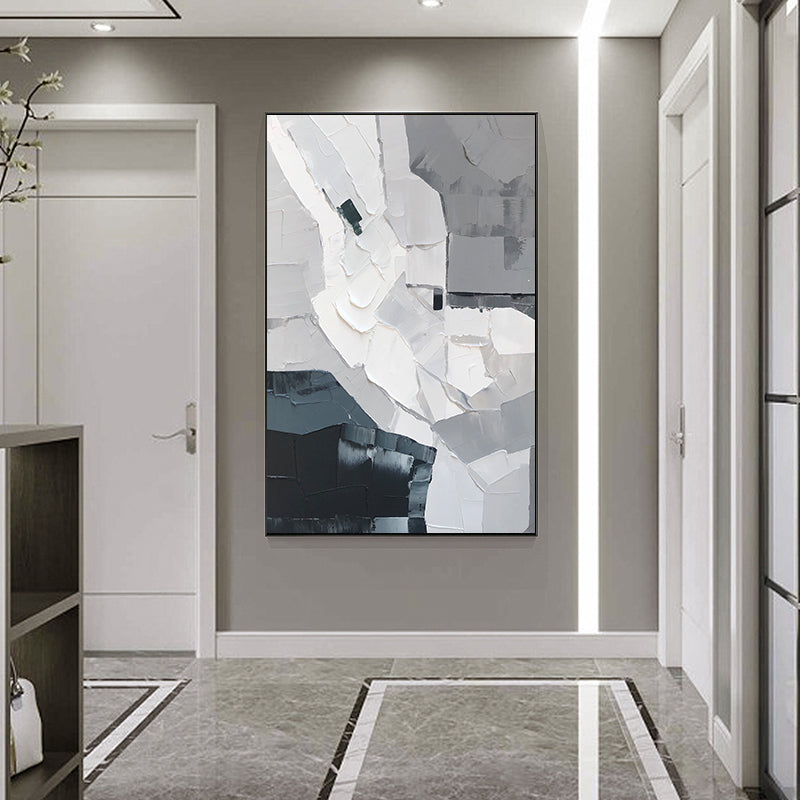 Hand painted Abstract Gray White Oil Painting Modern Wall Art On Canvas Thick Texture Hotel Living,31inx47in,No Frame