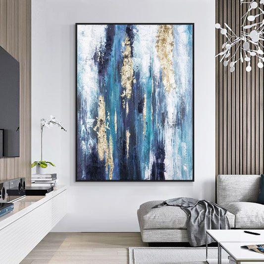 Abstract Blue Painting Wth Gold Foil  Hand Painted Oil Painting On Canvas Handmade Modern Wall  For Living Room,31inx47in,No Frame