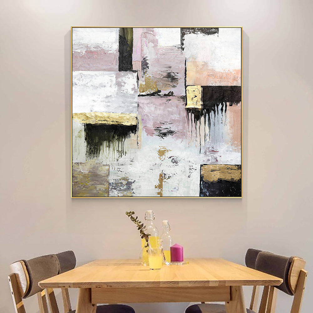 Abstract Textured White Pink Black Gold Foils Oil Painting  Handpainted On Canvas Modern Wall Art For Living Room C,31inx31in,No Frame