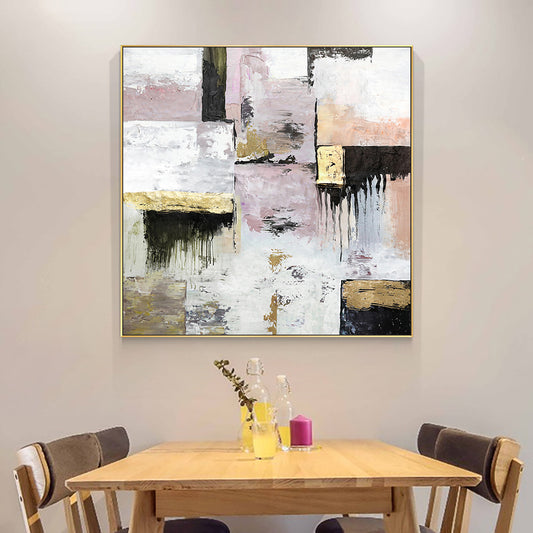 Abstract Textured White Pink Black Gold Foils Oil Painting  Handpainted On Canvas Modern Wall Art For Living Room C,31inx31in,No Frame
