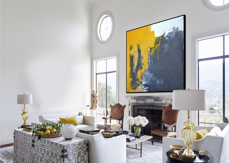 LargeAbstractPaintingsOnCanvasYellowAbstractCanvasArtOilPaintingBlueAbstractArtPaintingModern  31in,No Frame