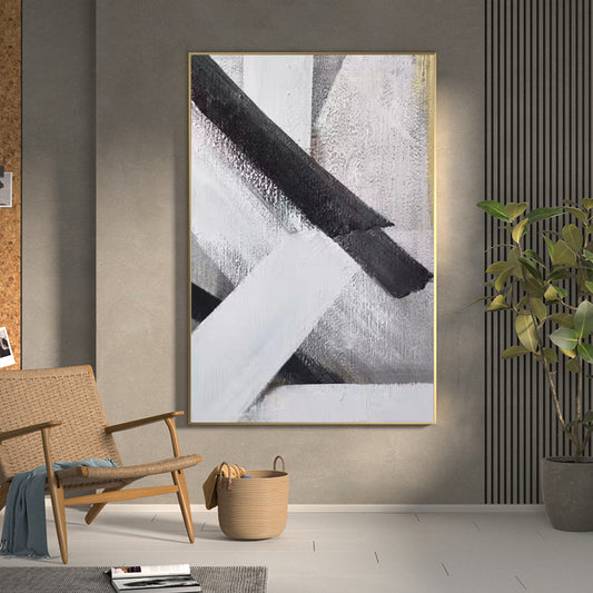 Black and White Gray Hand Painted Abstract Canvas Oil Painting Living Room Background Wall Hanging Painting,31inx47in,No Frame