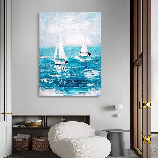 Pure Hand painted Oil Painting Sailboat Decorative Painting Modern Dining Room Background Wall Senior Hanging Painting,31inx47in,No Frame