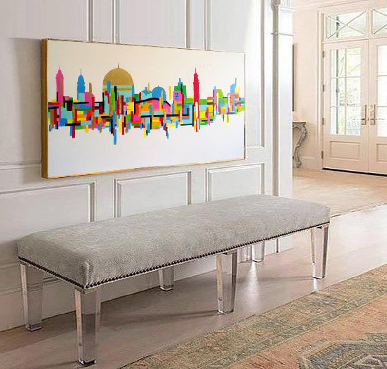 Jerusalem Abstract Painting On Canvas Acrylic Gold Leaf Jewish Art Wide Painting Large Canvas Painting Handmade Paintings Art27inx54in,No Frame