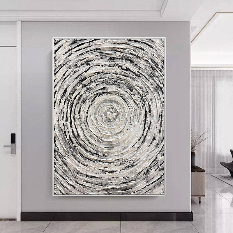 Hand Drawn Black White Abstract Oil Painting Circle Texture On Canvas Living Room Restaurant Home Decor,31inx47in,No Frame