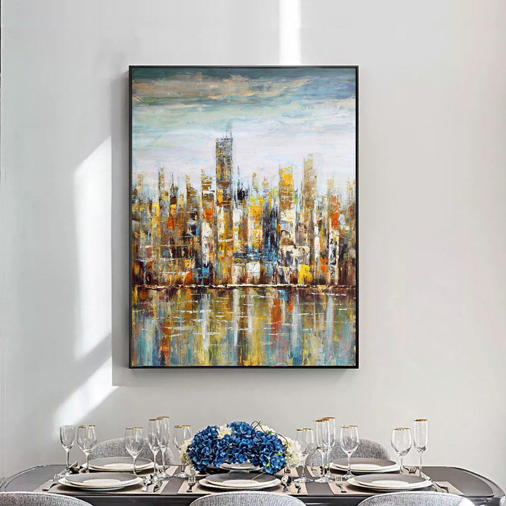 Abstract Colorful Building Oil Painting  Handpainted On Canvas Without Frame Fashion Modern Wall Art For Living Room,31inx47in,No Frame