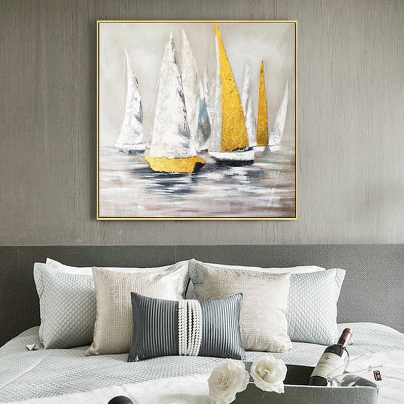 Handmade Oil Painting Sailboat Gold Foil Abstract Landscape Modern Minimalist Hotel Living Room Decoration Painting,31inx31in,No Frame