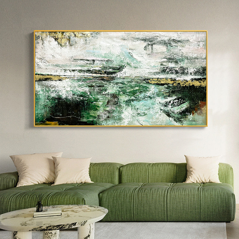 #820Modern Hand Painted Abstract Gold Foil Green Canvas Art Painting Living Room Bedroom Posters and Prints,31inx47in,No Frame