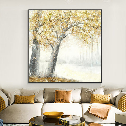Handmade Modern Canvas Art Oil Painting Knife Tree With Yellow Leaves Painting Wall Art Picture,31inx31in,No Frame