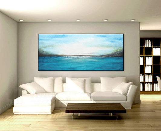 Large Abstract Landscape Painting Sea Painting Panoramic Art Blue White Modern Abstract Painting Oil Hand Painted Artwork27inx54in,No Frame