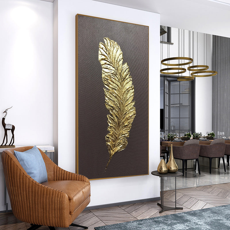 Gold Feathers hand-painted Oil Painting Decorative Porch Light Luxury Vertical Version Of Modern Scandinavian Corridor Aisle Bac27inx54in,No Frame