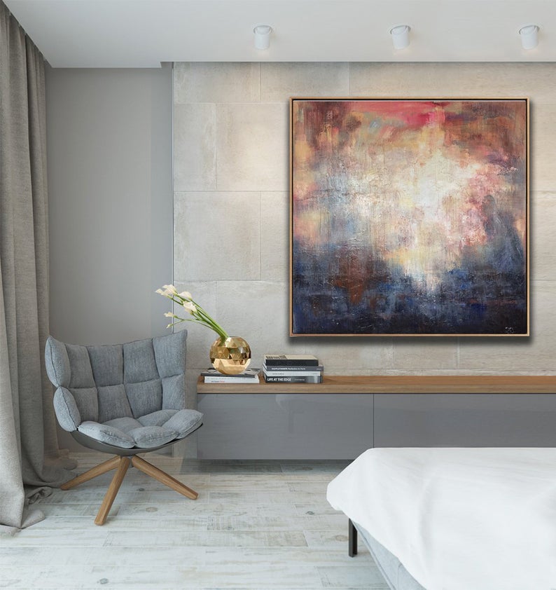 LargeWallArtColorfulAbstractPaintingNavyBluePaintingBeigePaintingWhiteWallArtArtworkPainting  31in,No Frame