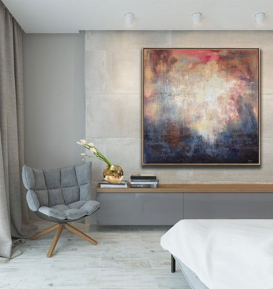 LargeWallArtColorfulAbstractPaintingNavyBluePaintingBeigePaintingWhiteWallArtArtworkPainting  31in,No Frame
