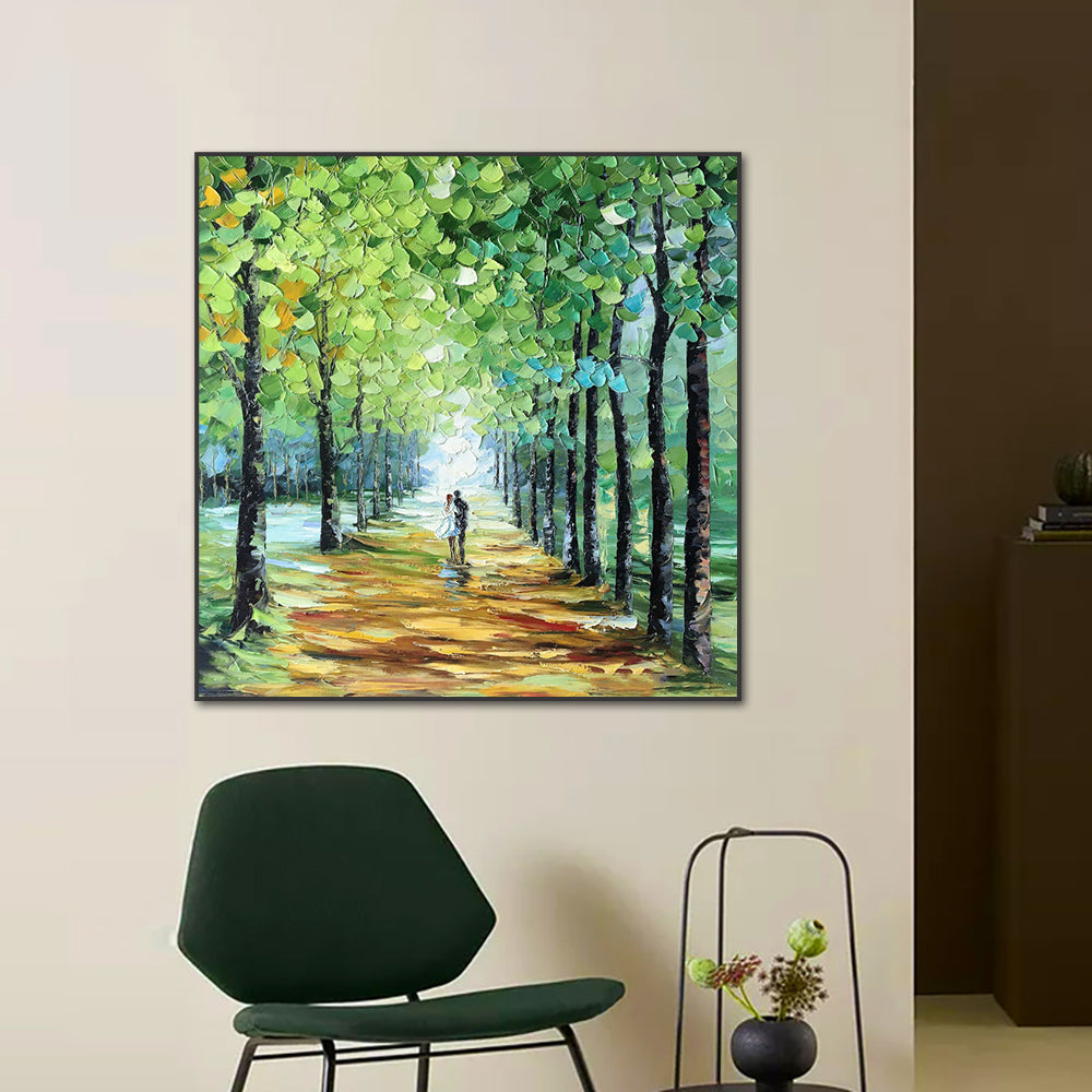 Modern Hand Painted Knife Oil Painting Green Tree Thick Texture Oil Painting Landscape Canvas Wall Art