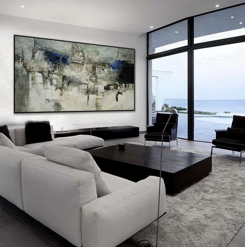 Extra Large Panoramic Modern Abstract Wall Art Hand Painted Black And White Contemporary Thick Oil Painting On Canvas27inx54in,No Frame