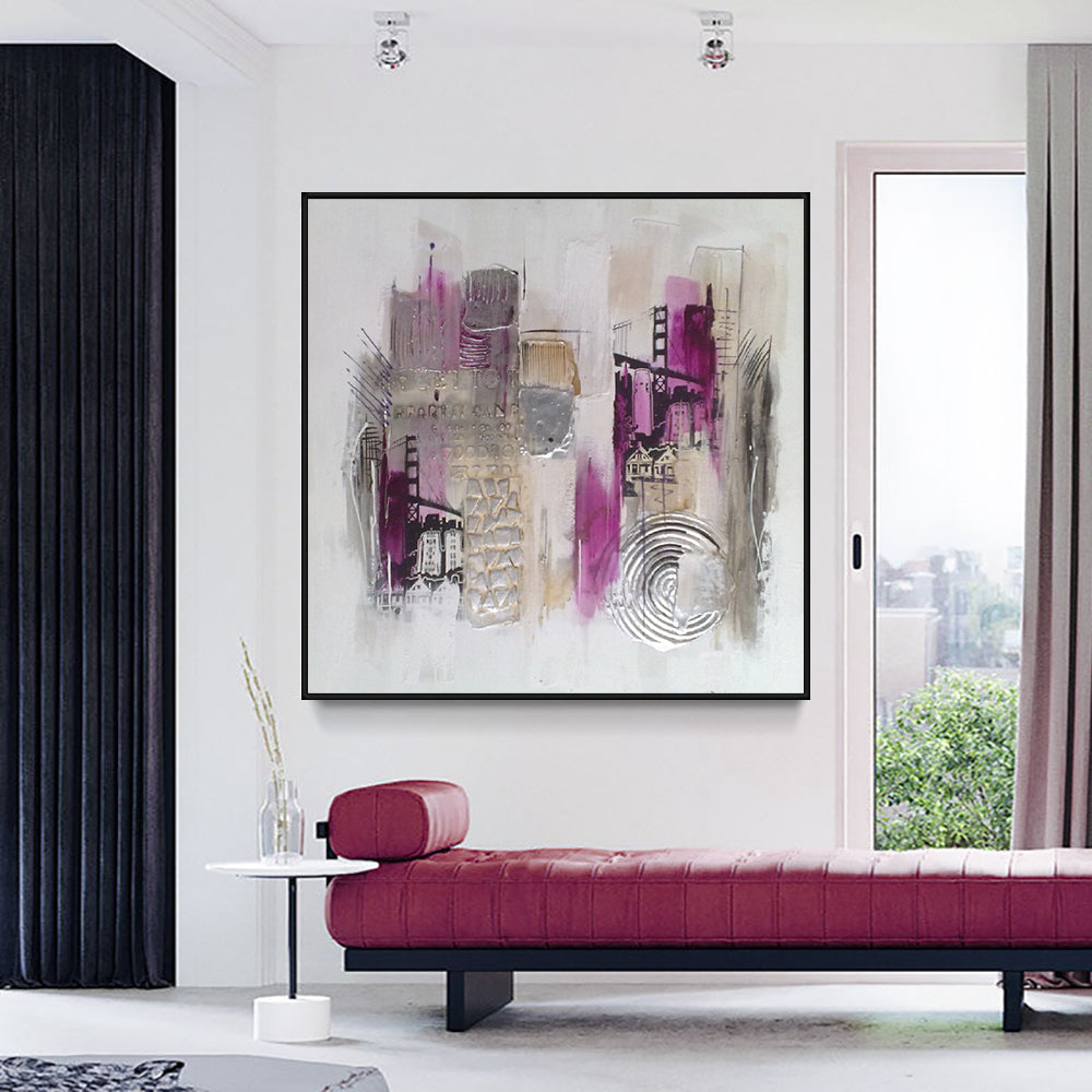 Abstract Large Size City Building Paintings  Handpainted Oil Painting On Canvas Handmade Wall Art,31inx31in,No Frame
