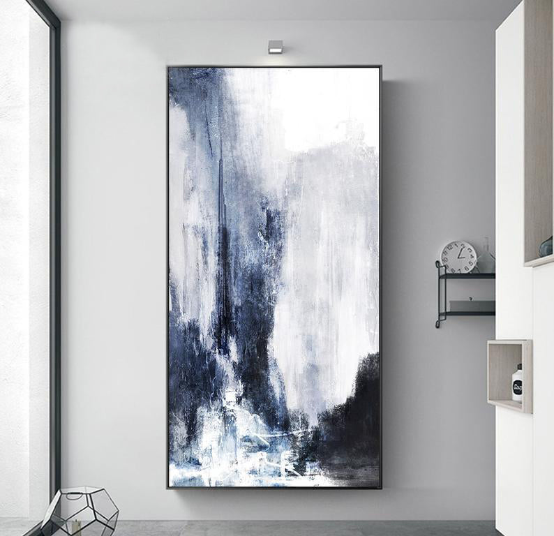 Original Abstract Painting Blue White Modern Abstract Painting Canvas Painting Office Wall Art Abstract Textured Art Room Decor27inx54in,No Frame