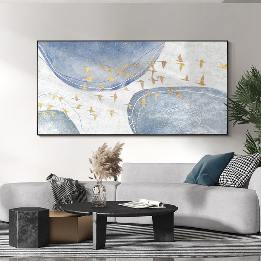 #320 Oil Painting On Canvas  Hand Painted Large Size Geometry Textured Bird Painting Handmade Wall,27inx54in,No Frame