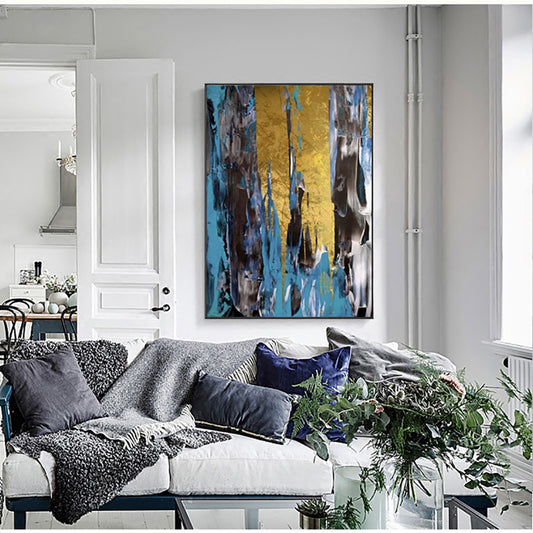 Large Abstract Oil Paintings On Canvas Handmade Gold Foil Wall Painting Unframed Home Decor Hand Painted,31inx47in,No Frame