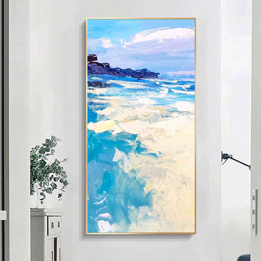 Modern Vertical Version Blue Ocean Beach Hand painted Decorative Painting Canvas Painting Living Room,27inx54in,No Frame