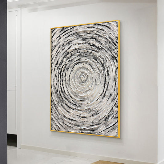 Hand Drawn Black White Abstract Oil Painting Circle Texture On Canvas Living Room Restaurant Home Decor,31inx47in,No Frame
