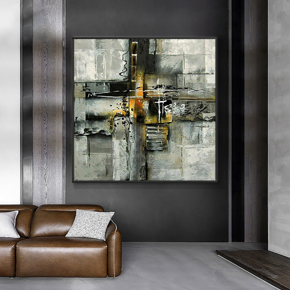 Abstract Yellow Building Car People Wall Art Painting  Hand Painted Oil Painting On Canvas Poster,31inx31in,No Frame