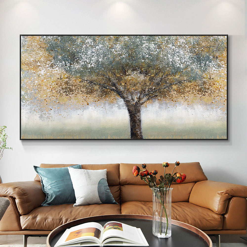 #430Abstract Yellow Green Tree Oil Painting Thick Textured  Hand Painted On Canvas Handmade Wall Art,27inx54in,No Frame