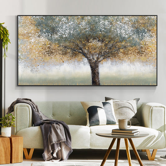 #430Abstract Yellow Green Tree Oil Painting Thick Textured  Hand Painted On Canvas Handmade Wall Art,27inx54in,No Frame
