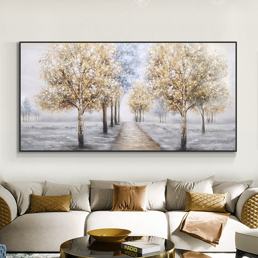 Abstract Thick Textured Yellow Tree Oil Painting  Hand Painted On Canvas Handmade Wall Art,27inx54in,No Frame