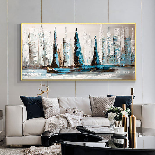 Abstract Blue And White Sailboats On The Sea  Handpainted Oil Painting On Canvas Without,27inx54in,No Frame