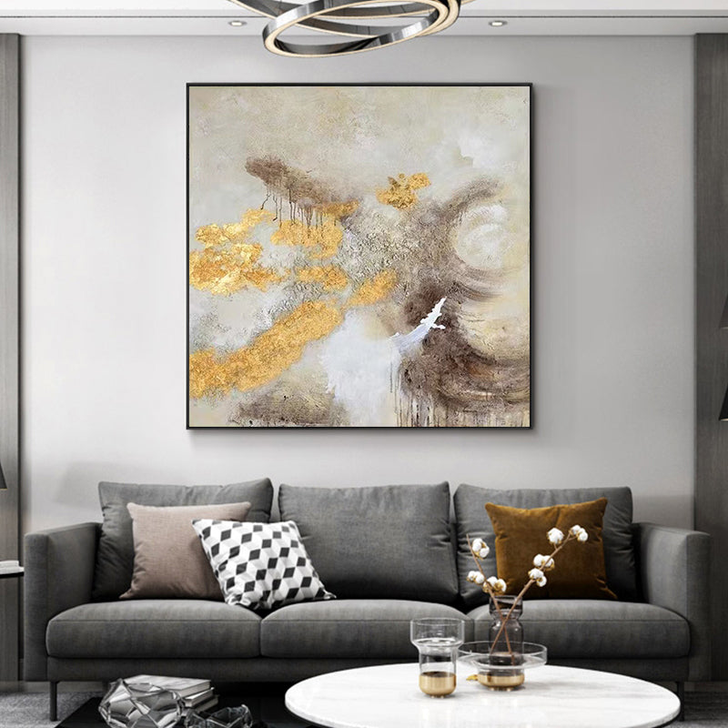 Hand Painted Oil Painting Aisle Decorative Painting Abstract Gold Foil Living Room Sofa Background Wall,31inx31in,No Frame