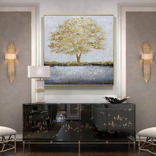 Yellow Tree Oil Paintings On Canvas Hand Painted Acrylic Wall Art Picture For Home Decor Living,31inx31in,No Frame