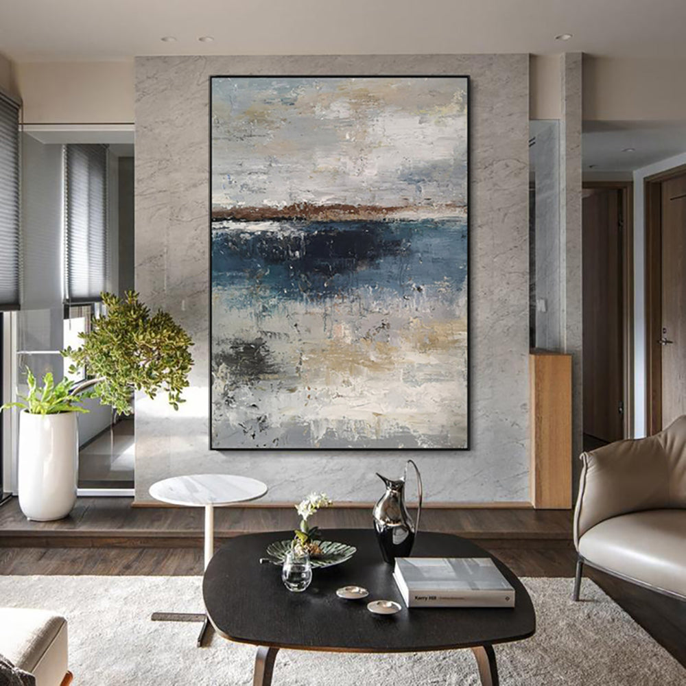 Handmade Abstract Painting Lake Scenery Oil Painting Hand Painted Wall Art Abstract Thick Texture Canvas Art For Home Living Room,31inx47in,No Frame