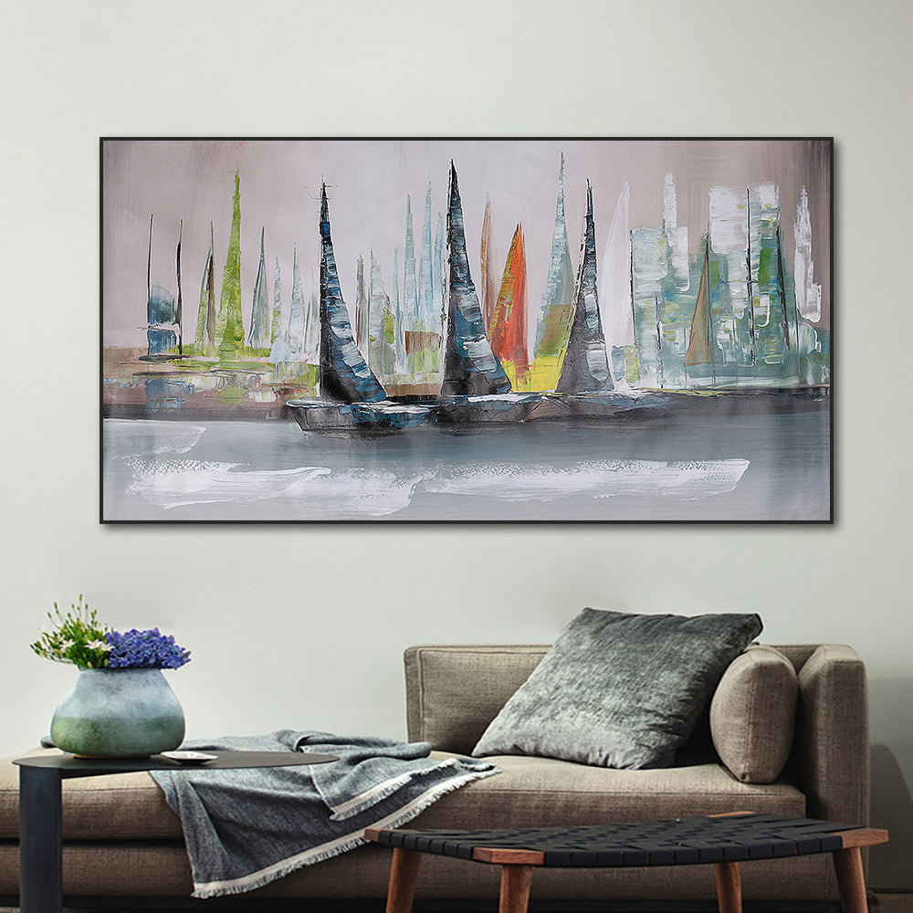 Textured Colorful Sailboat Oil Painting  Hand Painted On Canvas Modern Nordic Handmade Acrylic Wall Art,27inx54in,No Frame
