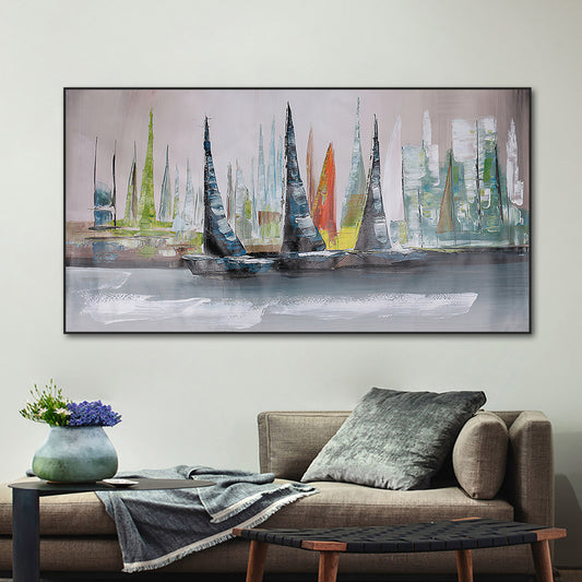 Textured Colorful Sailboat Oil Painting  Hand Painted On Canvas Modern Nordic Handmade Acrylic Wall Art,27inx54in,No Frame