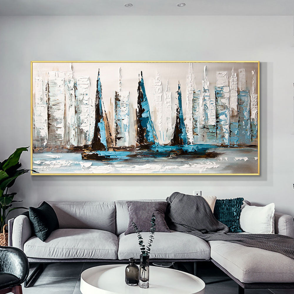 Abstract Blue And White Sailboats On The Sea  Handpainted Oil Painting On Canvas Without,27inx54in,No Frame