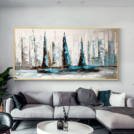 Abstract Blue And White Sailboats On The Sea  Handpainted Oil Painting On Canvas Without,27inx54in,No Frame