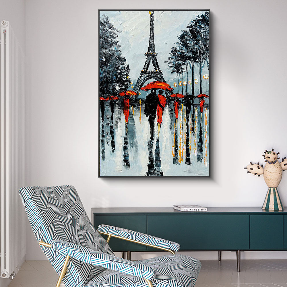 Morden Hand Painted Oil Painting On Canvas Effiel Tower Wall Art Handmade Couple Canvas Art Oil For Home Living Room,31inx47in,No Frame