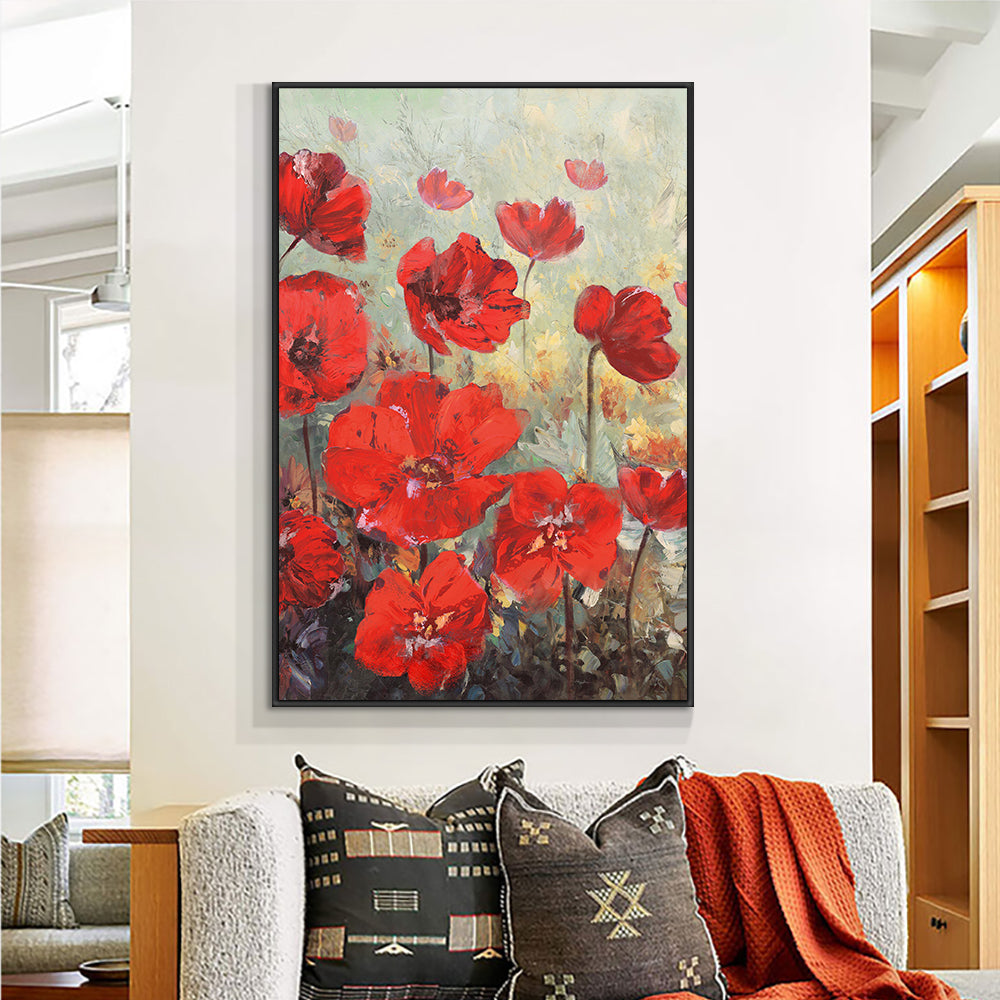 Hand Painted Abstract Red Flowers Oil Painting Modern Plant Canvas Painting Wall Art Picture  For Living Room,31inx47in,No Frame
