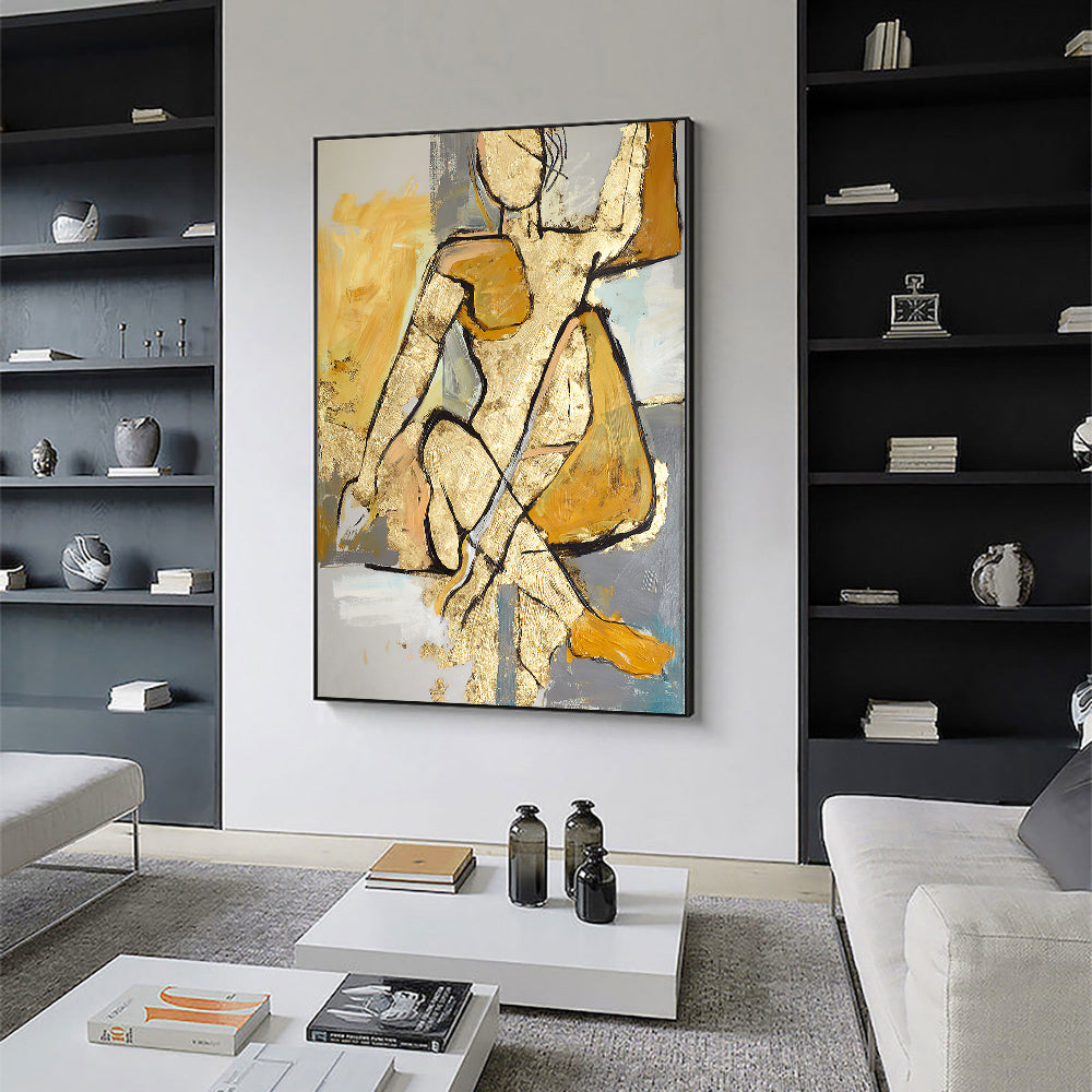 Abstract Golden Woman Oil Painting  Handmade On Canvas Modern Nordic Figure Wall Art Paintings  For Living Room ,31inx47in,No Frame