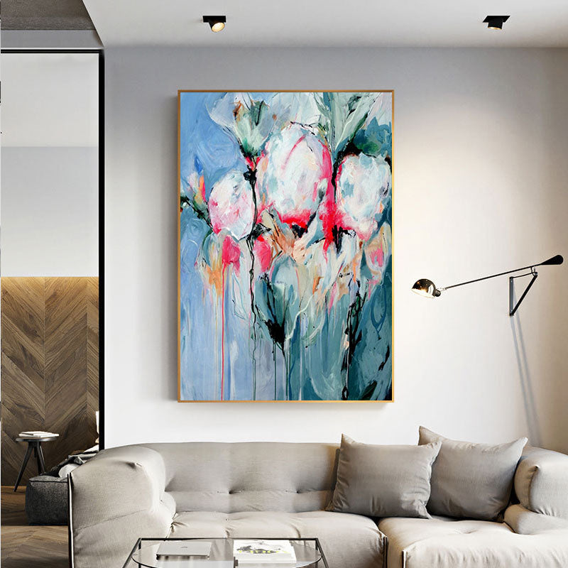 Hand painted Blue Tulip modern Art Picture For Living Room Decoration Large Size Tableaux,31inx47in,No Frame