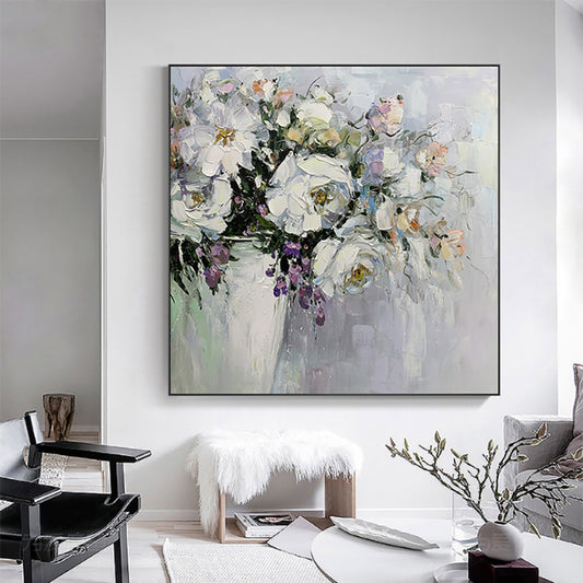 Modern Flower Painting Hand Painted Oil Painting Thick Oil 3D Knife White Flowers Painting For Wedding,31inx31in,No Frame
