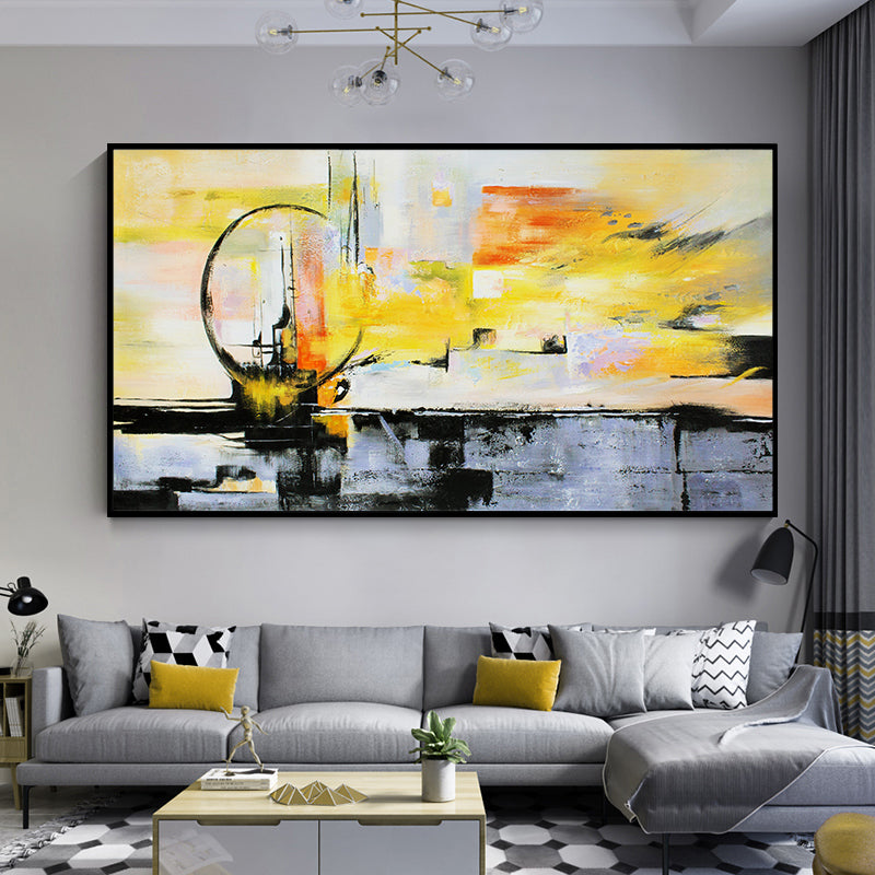 Orange Black And White hand-painted Oil Paintings Abstract Banner Ferris Wheel Modern Living Room Sofa Backdrop Decorative Paint27inx54in,No Frame