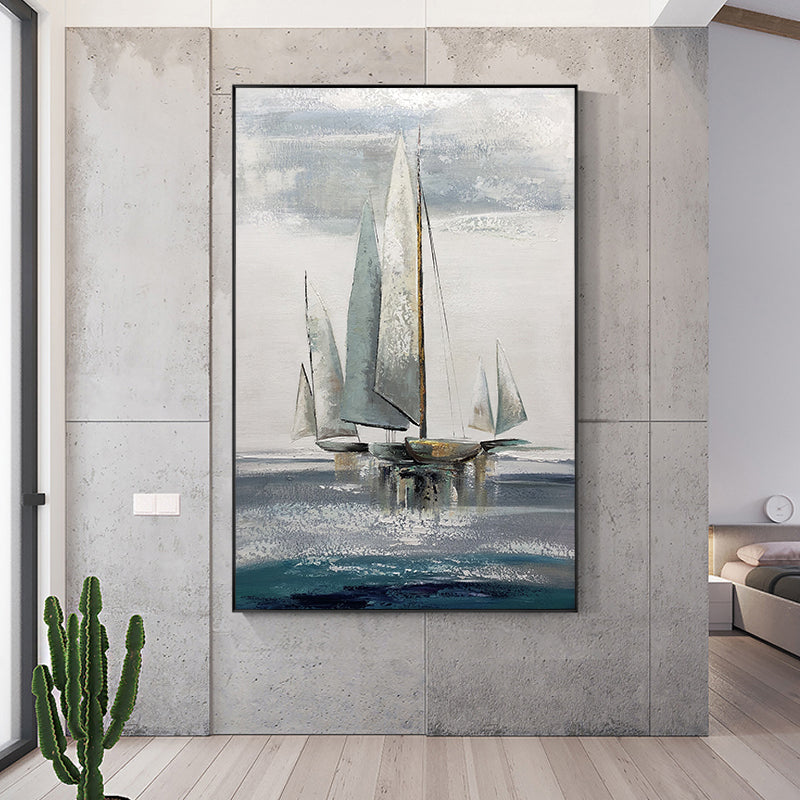Hand painted Nordic Blue Seascape White Waves Canvas Oil Painting Living Room Bedroom Wall Art,31inx47in,No Frame