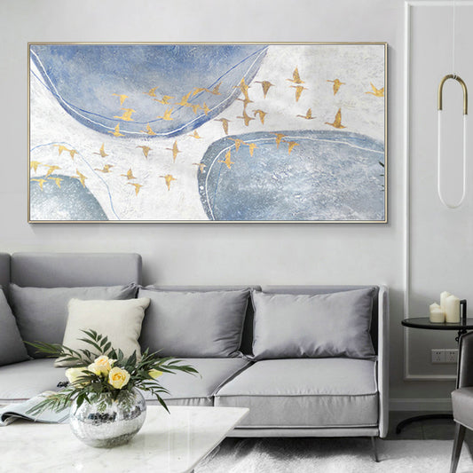 #320 Oil Painting On Canvas  Hand Painted Large Size Geometry Textured Bird Painting Handmade Wall,27inx54in,No Frame