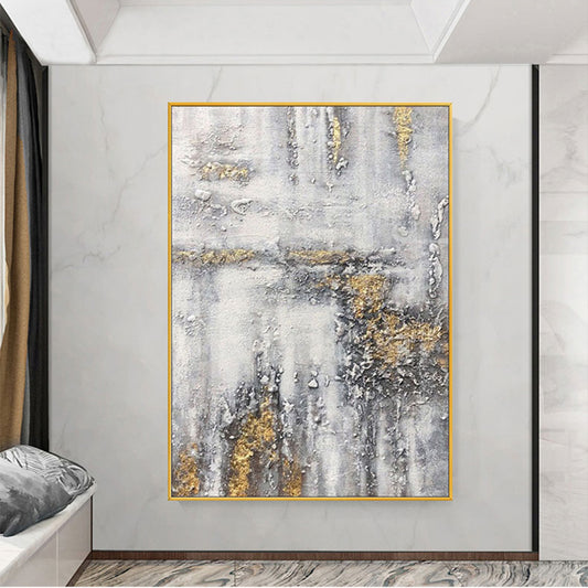 Modern wall art painting abstract Handmade Oil Painting Gold And Gray Hanging Picture For Living Room,31inx47in,No Frame