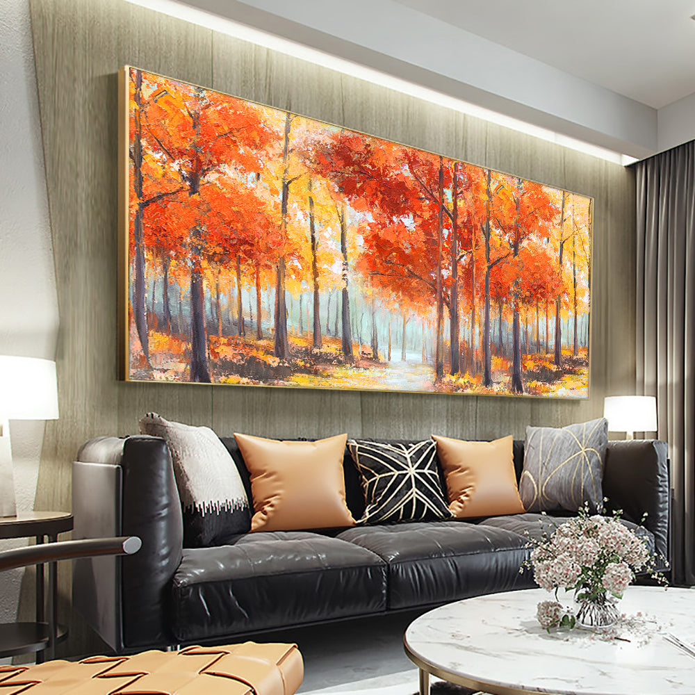 Abstract Trees With Orange Yellow Oil Painting  Hand Painted Large Size Canvas Modern Wall,27inx54in,No Frame
