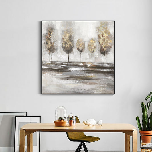 Abstract Brown Trees With Gold Foils Oil Painting  Handpainted Textured Modern Plant Wall Art Canvas,31inx31in,No Frame