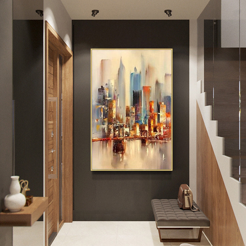 Hand painted Oil Painting On Canvas City Urban Landscape Living Room Corridor Porch Decorative Modern Simple,31inx47in,No Frame